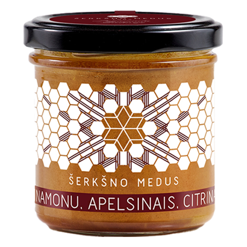 Medus, cinamonas, apelsinas ir citrina – Šerkšno medus, 200 g