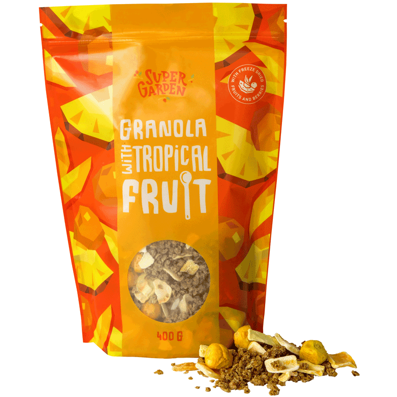 Granola su lazdyno riešutais, slyvomis ir tropiniais vaisiais – SUPERGARDEN, 12g