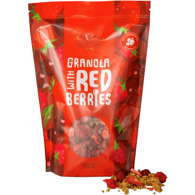 Granola su lazdyno riešutais braškėmis, avietėmis, slyvomis ir vyšniomis – SUPERGARDEN, 400g