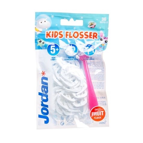 Dantų siūlas vaikams, vaisių skonio su laikikliu "Kid Flosser" – Jordan, 36 vnt