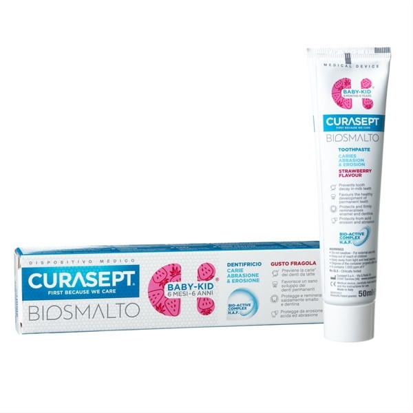 BIOSMALTO BABY - KID, 6 mėnesių - 6 metų, braškių skonio dantų pasta – Curasept, 50 ml