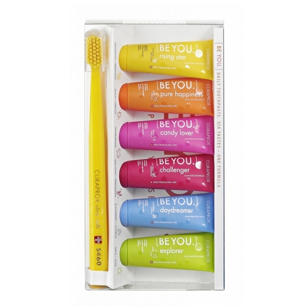 Natūraliai balinančių, kasdieninių dantų pastų rinkinys, įvairių skonių – Curaprox, 6 x 10 ml ir dantų šepetėlis