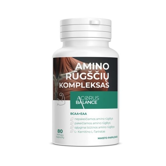 Amino rūgščių kompleksas BCAA+EAA, baltymų sintezei – Acorus balance, 80 kaps.