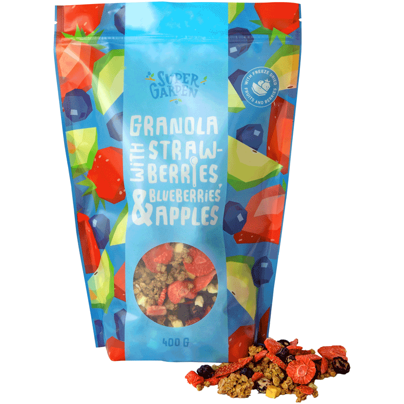 Granola su riešutais, šilauogėmis, obuolių kubeliais, slyvomis ir braškių juostelėmis – SUPERGARDEN, 400g