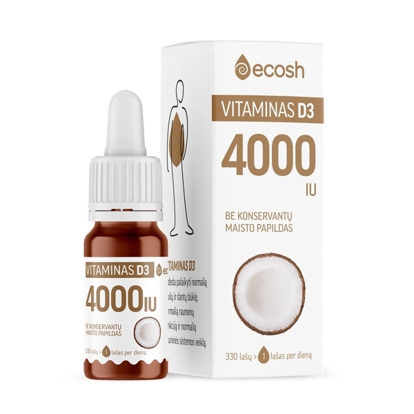 Vitaminas D3 su kokosų aliejumi 4000IU – ECOSH, 10ml