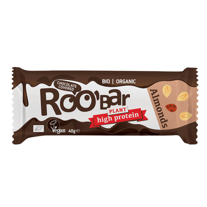 Ekologiškas baltyminis migdolų riešutų batonėlis aplietas šokoladu – Roobar