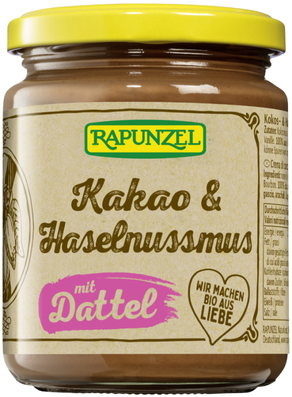 Ekologiškas kokosų ir lazdynų riešutų kremas su datulėmis ir kakava – Rapunzel, 250 g