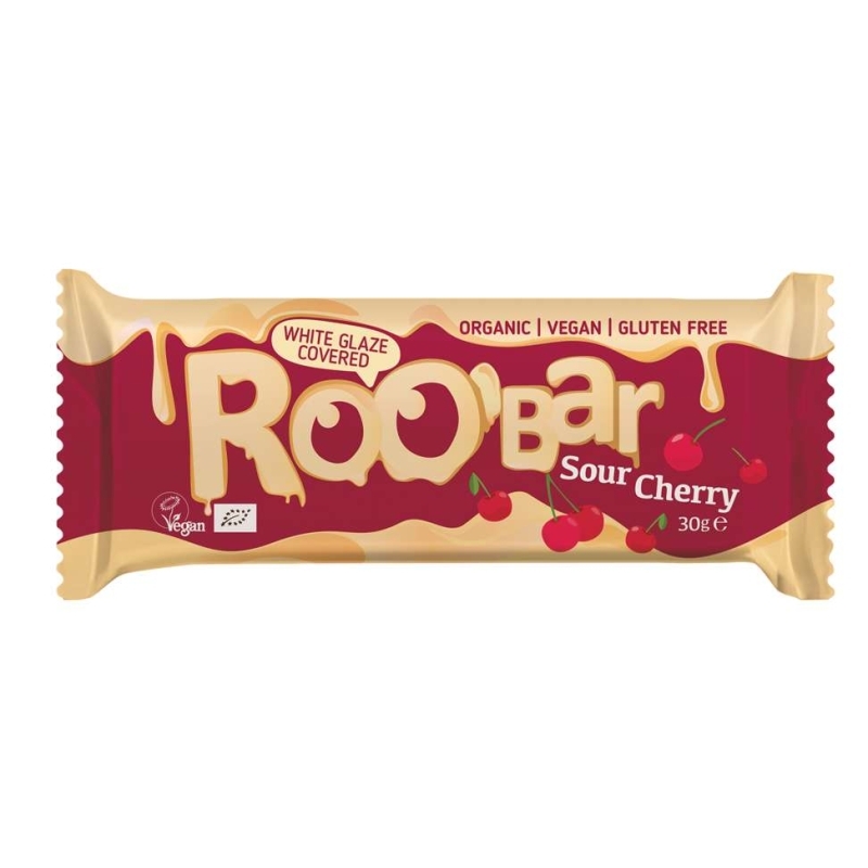 Ekologiškas rūgštus batonėlis su vyšniomis aplietas baltuoju šokoladu – Roobar