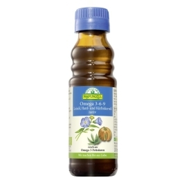 Linų sėmenų, kanapių sėklų ir moliūgų sėklų aliejus „Omega 3-6-9“ – Rapunzel, 250 ml