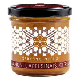 Medus, cinamonas, apelsinas ir citrina – Šerkšno medus, 200 g