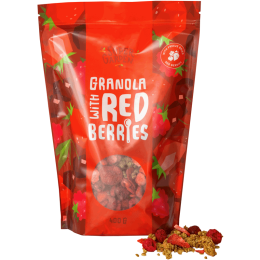 Granola su lazdyno riešutais braškėmis, avietėmis, slyvomis ir vyšniomis – SUPERGARDEN, 400g