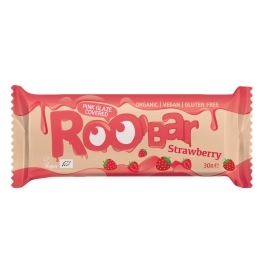 Ekologiškas batonėlis su braškėmis aplietas rožiniu šokoladu – Roobar