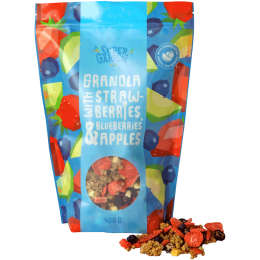 Granola su riešutais, šilauogėmis, obuolių kubeliais, slyvomis ir braškių juostelėmis – SUPERGARDEN, 400g