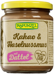 Ekologiškas kokosų ir lazdynų riešutų kremas su datulėmis ir kakava – Rapunzel, 250 g